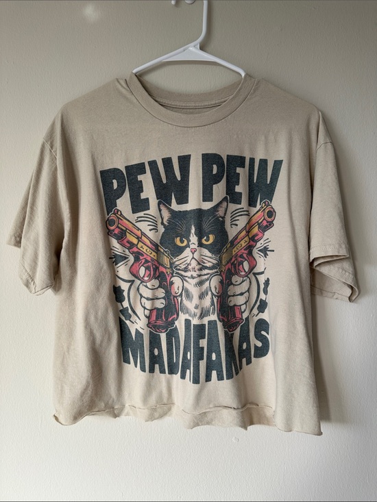 Tops - Pew Pew Madafakas Cat Graphic Tee - Beige